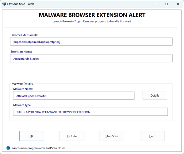 Malware Browser Extension Alert screen Malware Browser Extension Alert screen